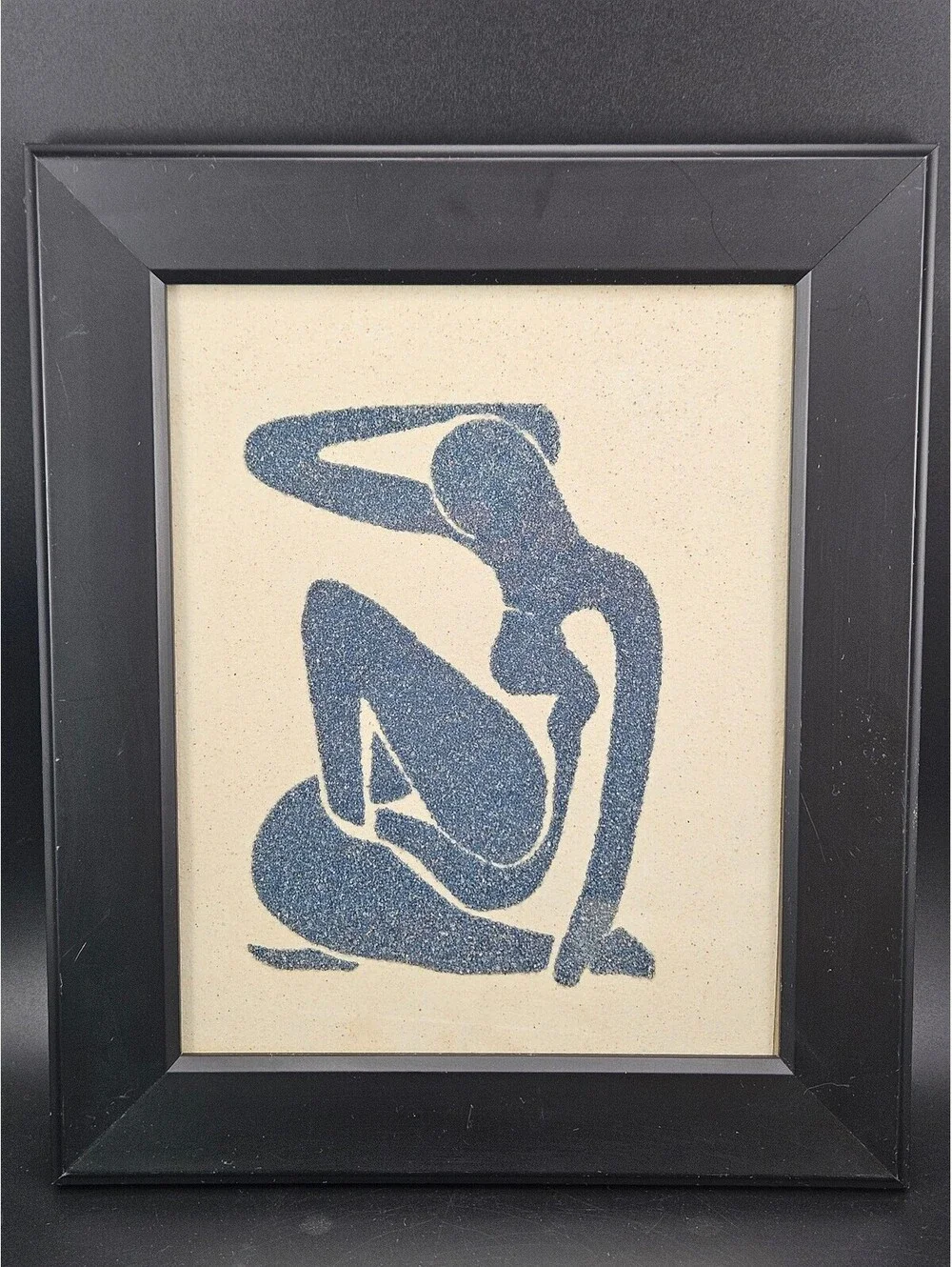 Vintage Framed Matisse Style Blue Seated Female Silhouette Textured Sand Art